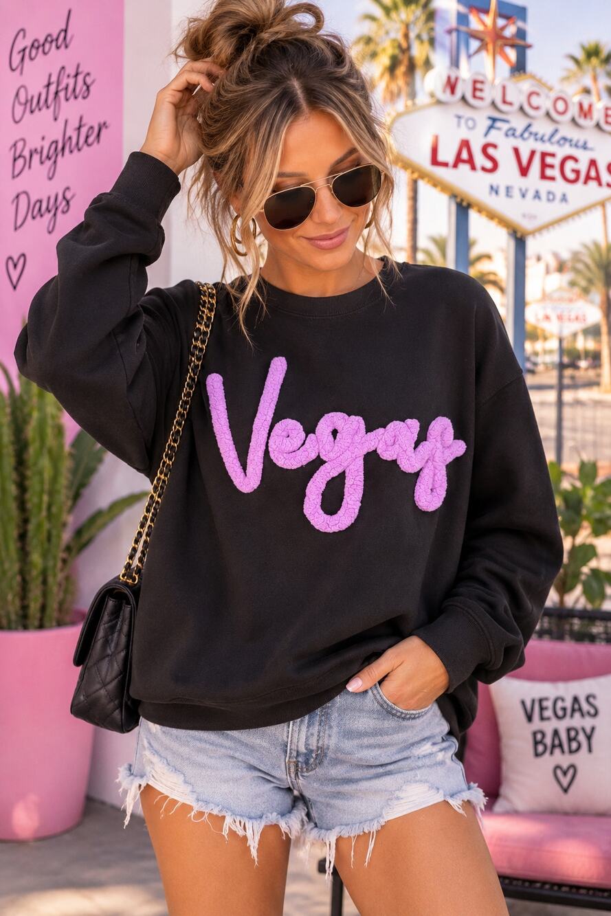 I Love Vango Vegas Graphic Sweatshirt Black Purple Chenille Y2K Size L